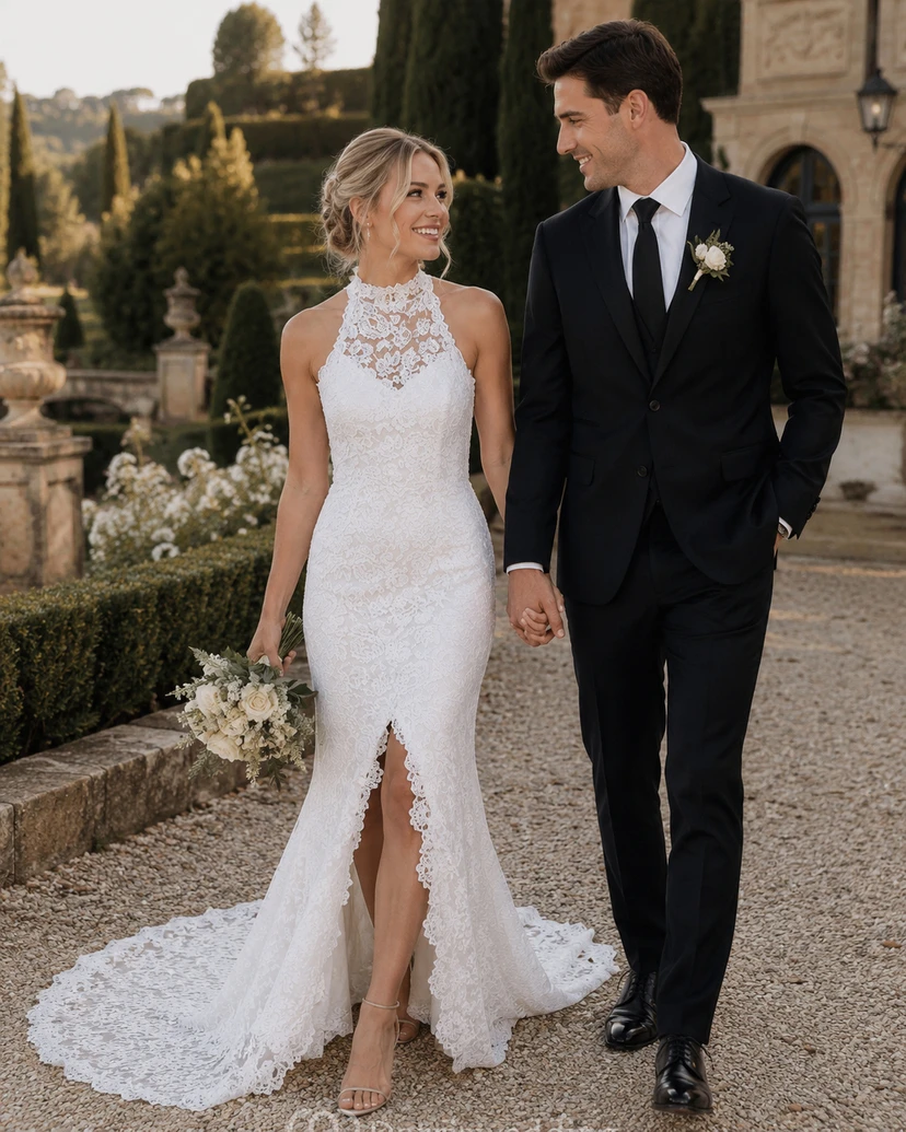 Robe de mariée fourreau sans manches en dentelle, col rond fendu sur le devant et dos nu en forme de goutte, idéale pour la plage. Encolure en V, fente sur le devant et dos nu en forme de goutte. view 3