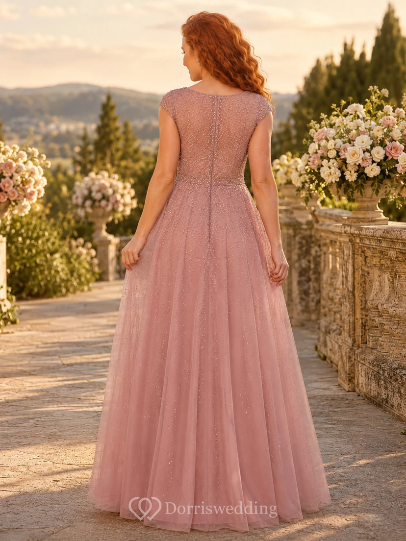 Dusty Rose Cap Sleeve Beaded Tulle Formal Dress view 2