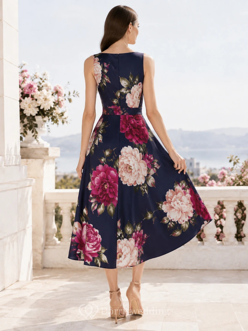 Navy Large Rose Print Sleeveless Tea Length Dress view 2
