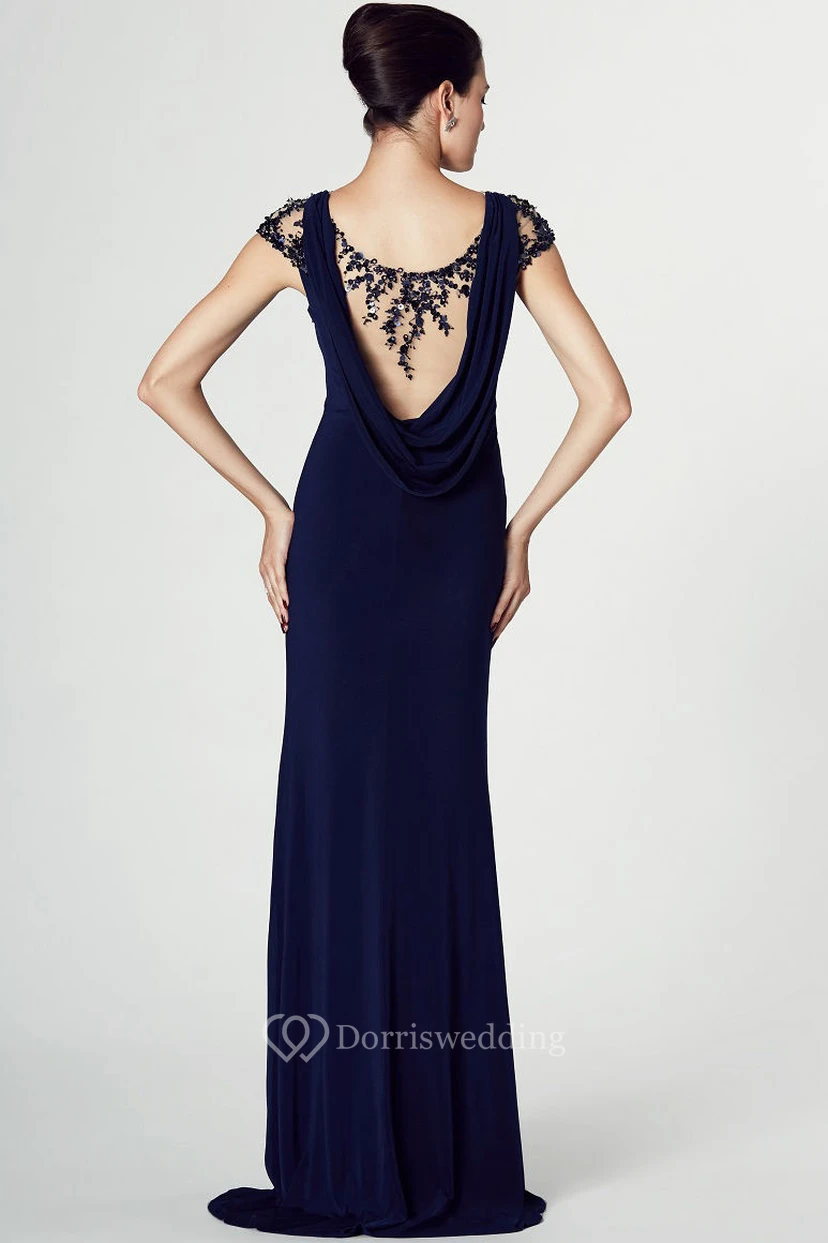 Sheath Cap Sleeve V-Neck Appliqued Jersey Prom Dress With Brush Train view 2