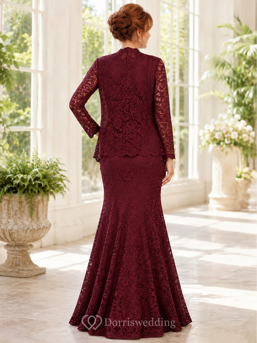 Wine Lace Floor-Length Mermaid Luxury Mother of the Bride Gown with V-Neck Long Sleeve Jacket and Sweep Train view 2