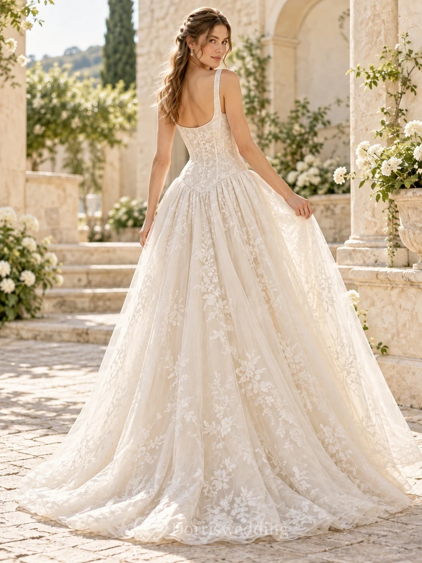 Drop Waist Scoop Neck Floral Lace Full A-line Wedding Dress view 2