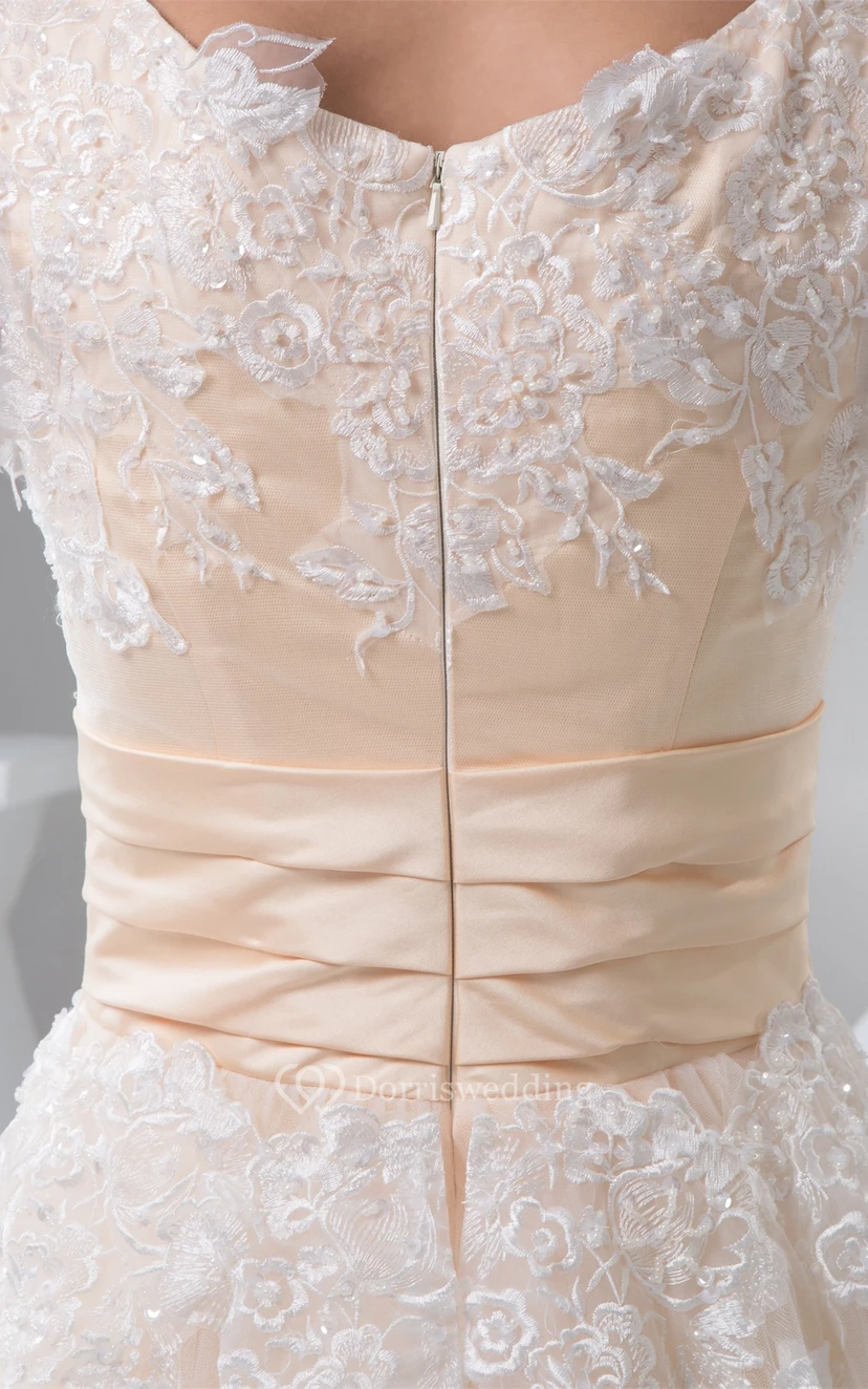 Deep-V-Neck Half-Sleeve Ankle-Length Lace Dress With Pleats view 5