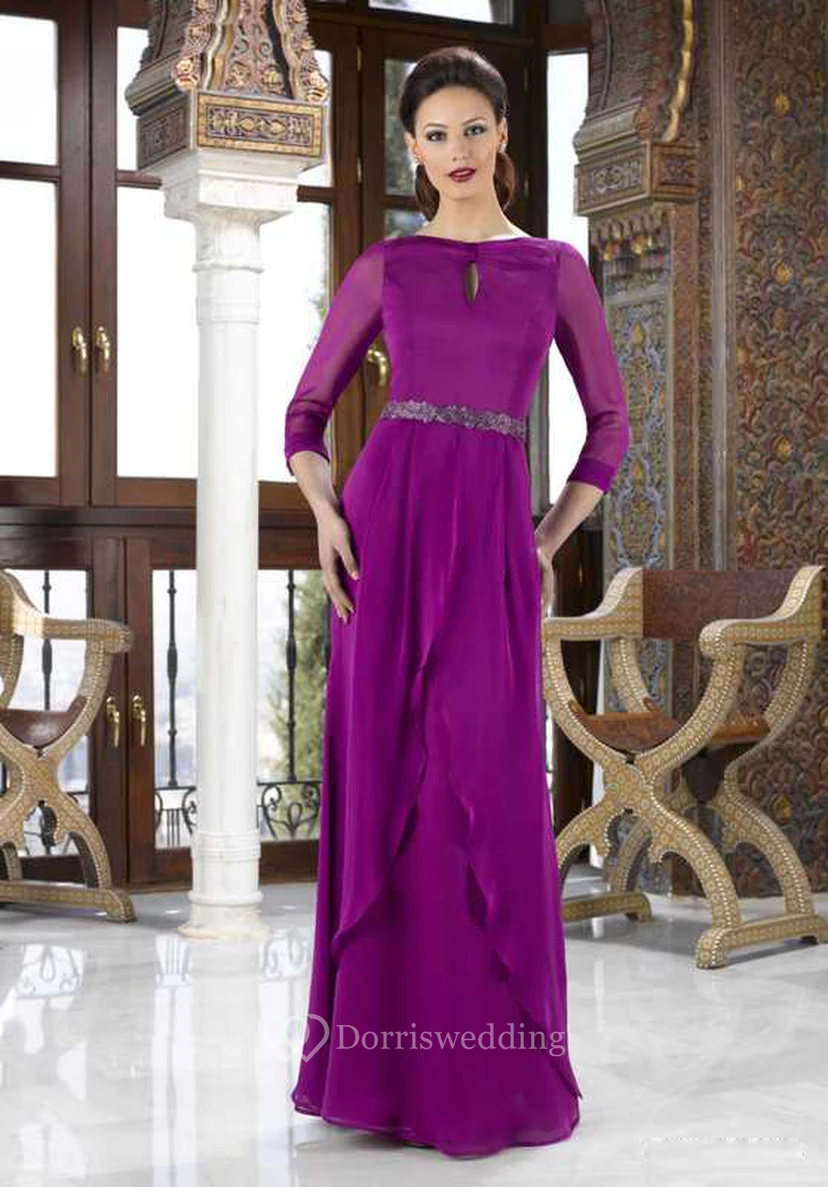 Jewel Neck Long Sleeve Jeweled Chiffon Mother Of The Bride Dress With Draping