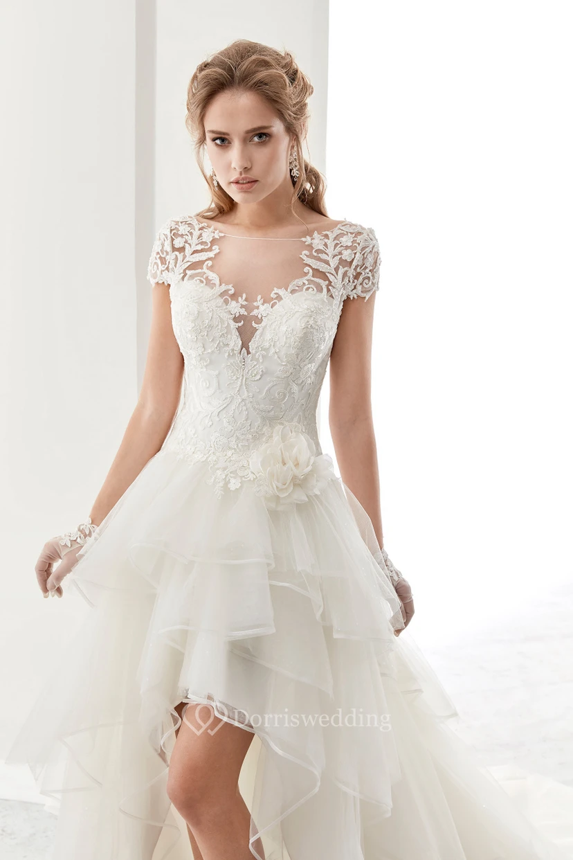 Brautkleid mit Illusion-Juwelenkragen, asymmetrischem Saum, Rüschen und T-Shirt-Ärmeln view 7