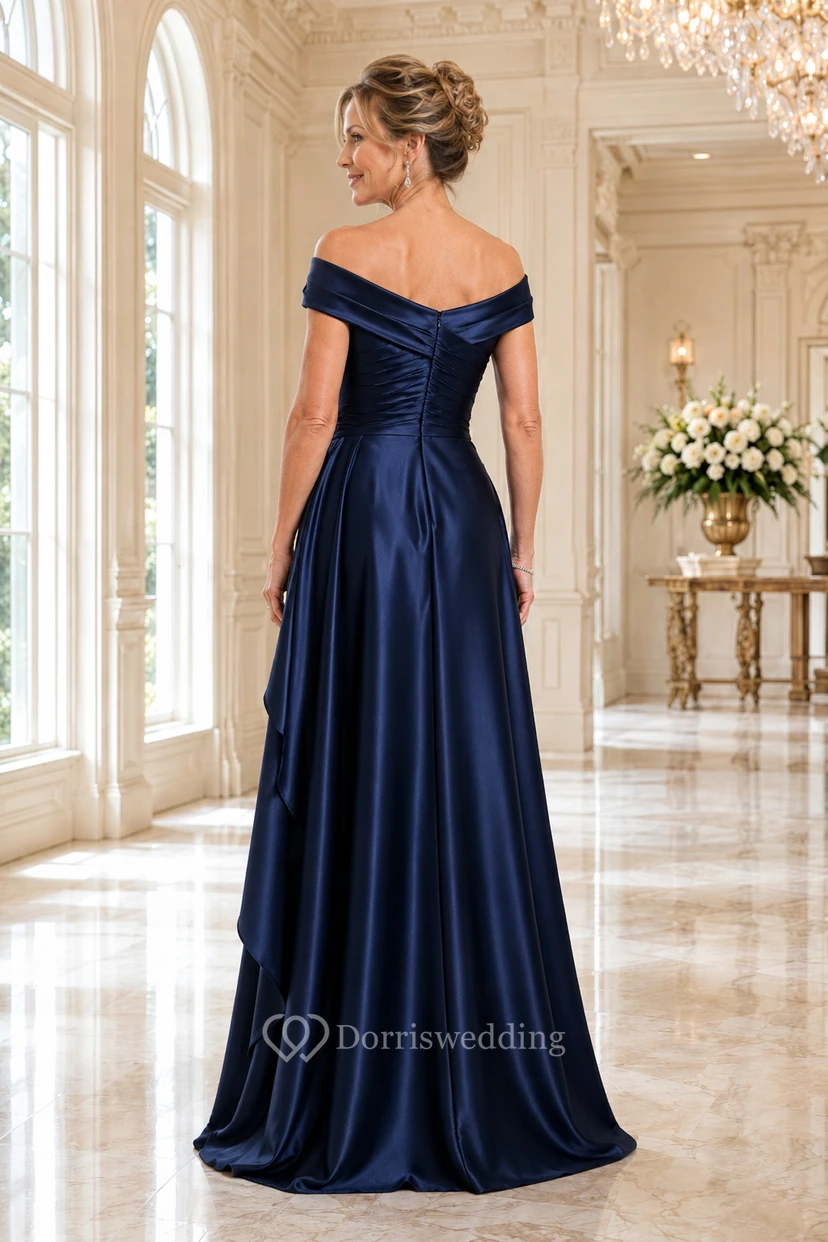 Dunkelblaues schulterfreies A-Linien-Kleid aus Satin für Mütter view 2