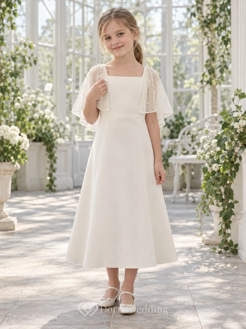 Square Neck Modest Ivory Pearl Mesh Cape Crepe Flower Girl Dress