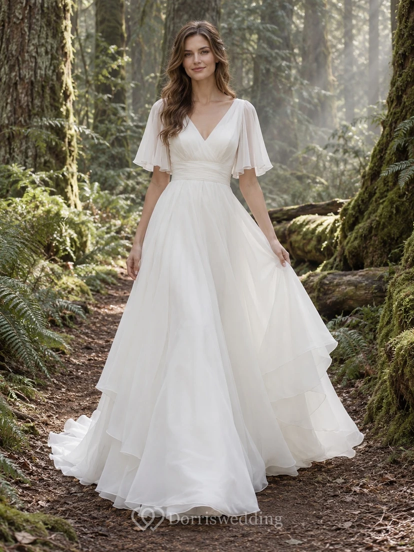 V-Neck Flutter Sleeve Wedding Dress in Organza with Layered A-Line Skirt and Train