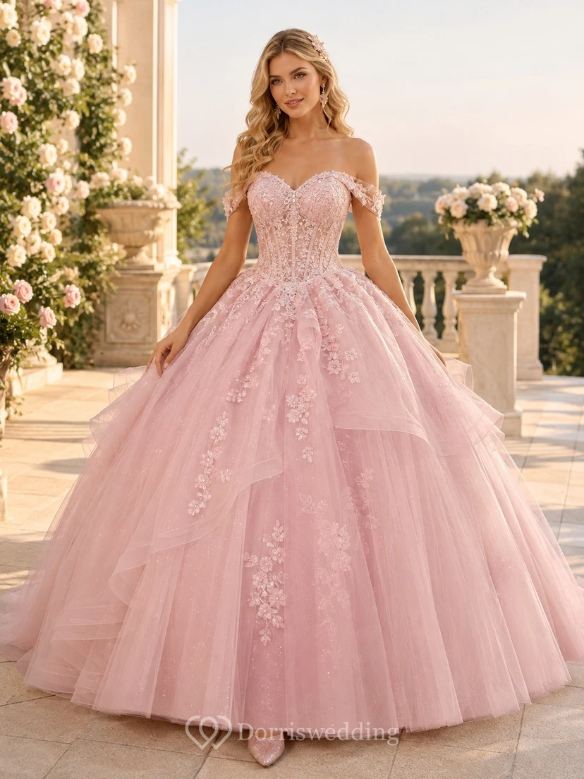 Blush Tulle Off-the-shoulder Floral Embroidered Ball Gown Floor-length Quinceanera Dress