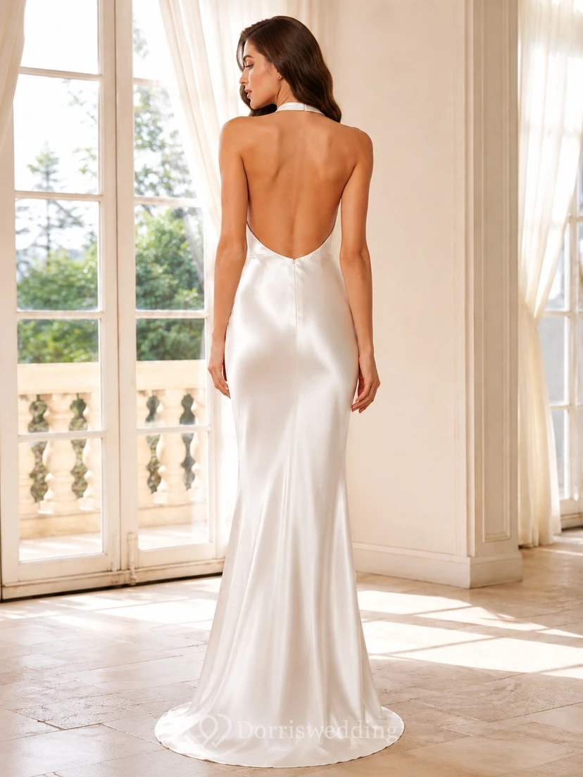Sexy Halter Cowl Neck Backless Satin Mermaid Sweep Train Destination Wedding Dress view 2