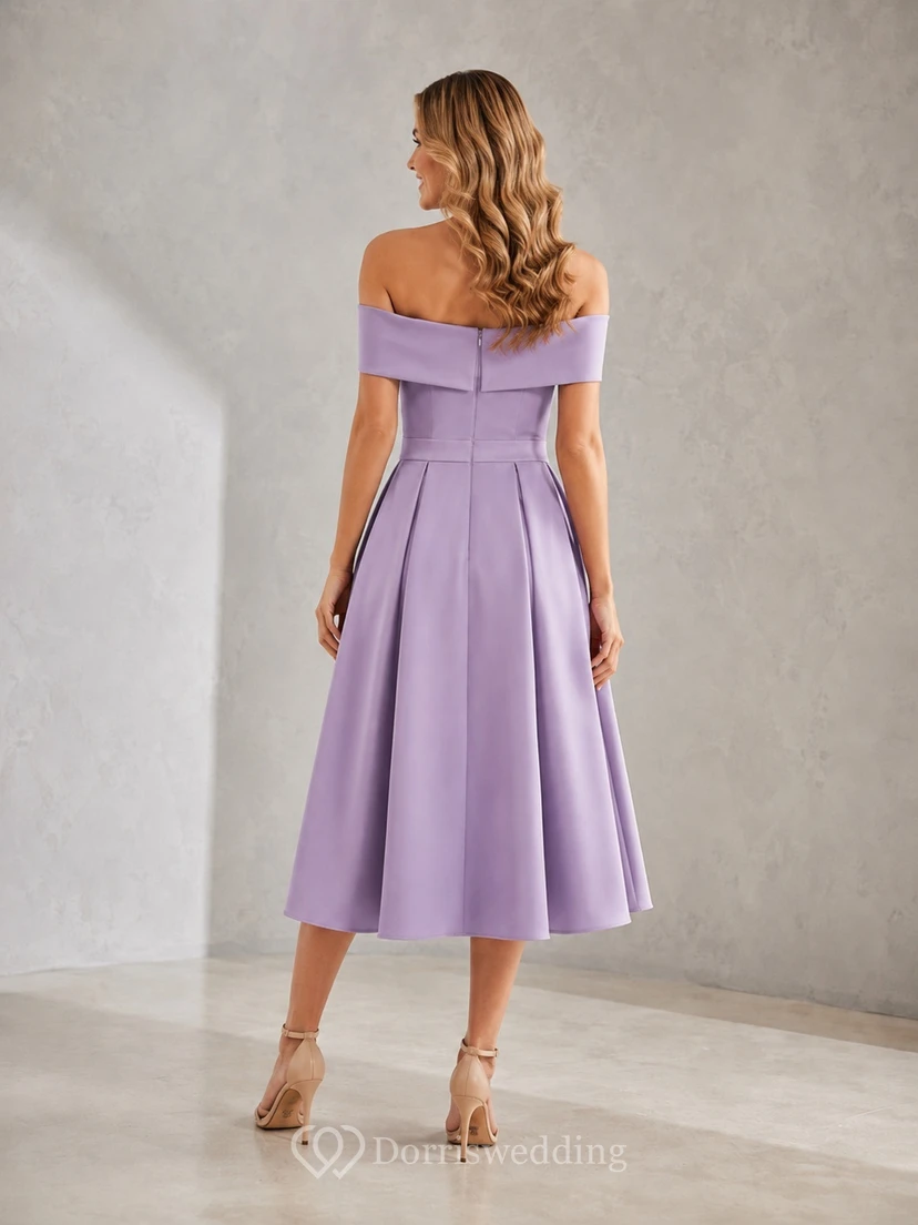Lilac Off-Shoulder Satin A-Line Tea-Length Pleated Romantic Bridesmaid Guest Dress view 2