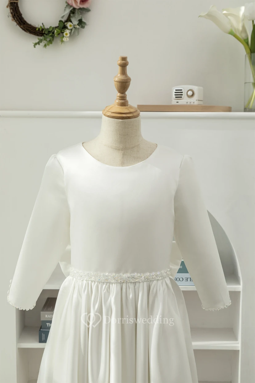 Modest Long Sleeve Scoop-neck Satin A-line Beaded Flowergirl Dress view 3