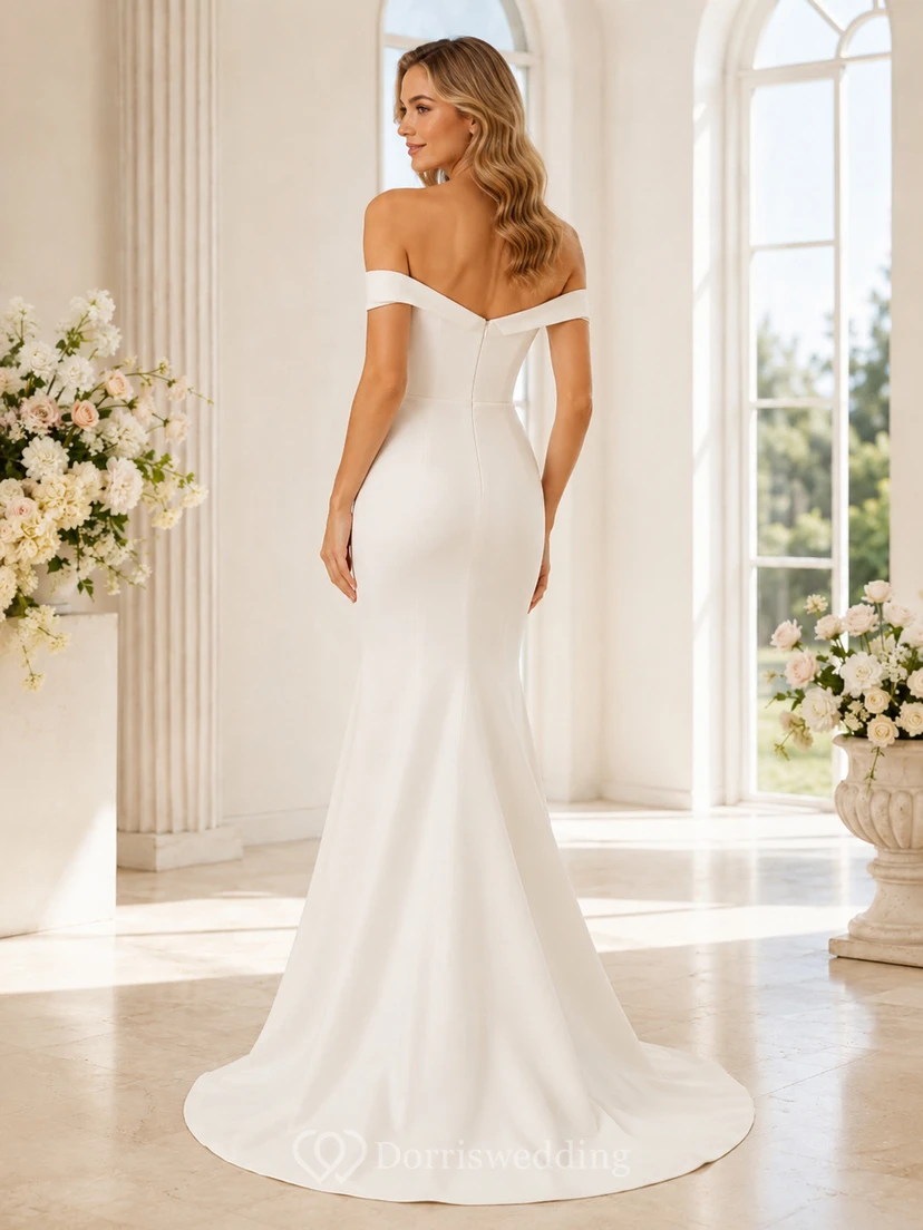 Robe de mariée sirène plissée, épaules dénudées, plissée, en crêpe court view 2