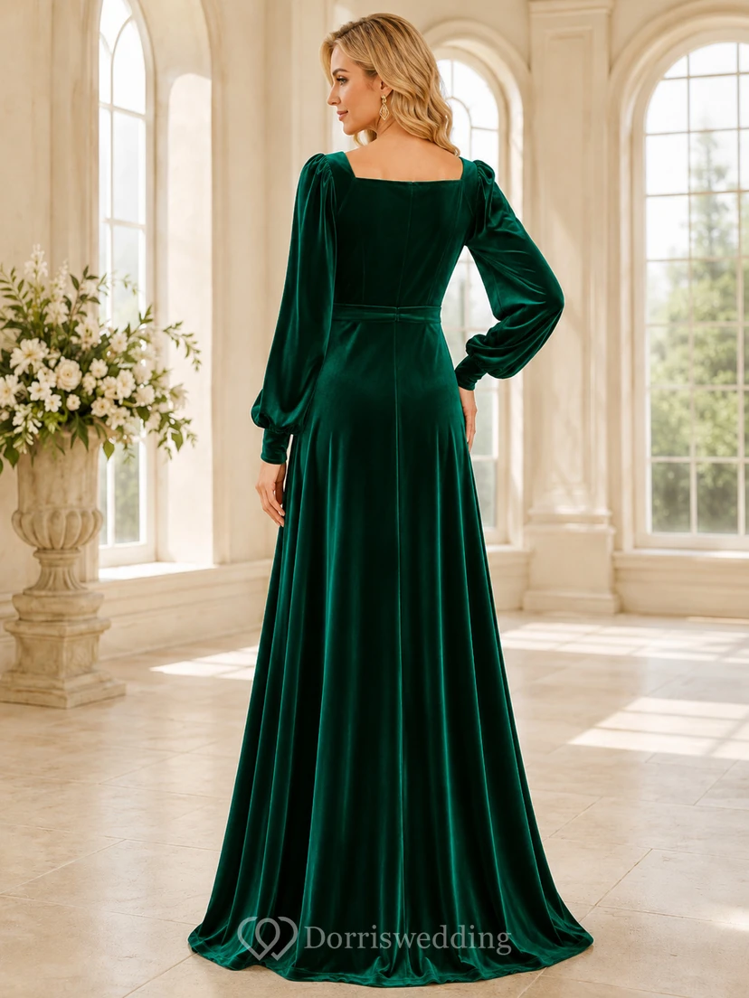 Elegante vestido de noche formal largo hasta el suelo, de terciopelo verde oscuro, con escote cuadrado, mangas abullonadas y corte en A. view 2
