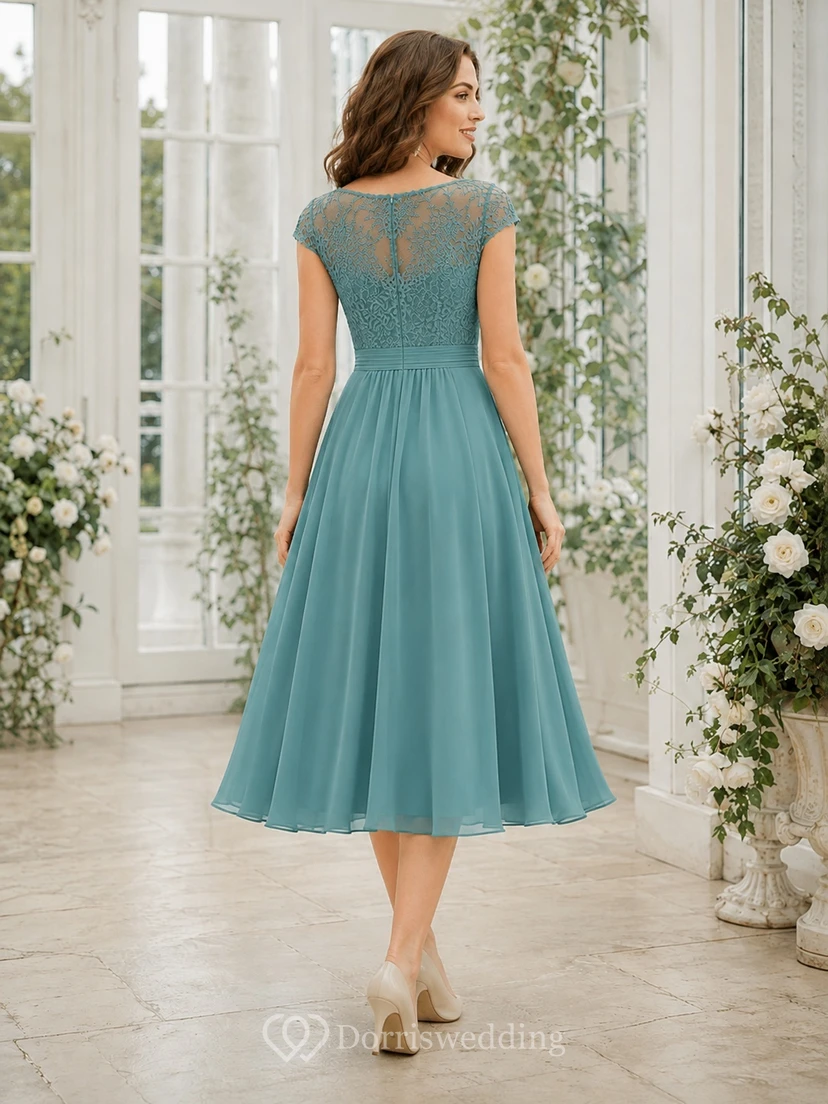 Himmelblaues, schlichtes Brautkleid aus Chiffon mit U-Boot-Ausschnitt und A-Linien-Schnitt in Teelänge view 2