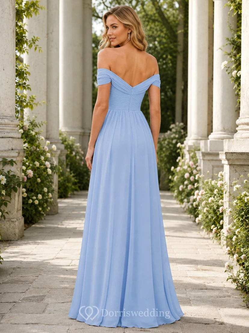 Himmelblaues schulterfreies Chiffon-Abendkleid in A-Linie view 2