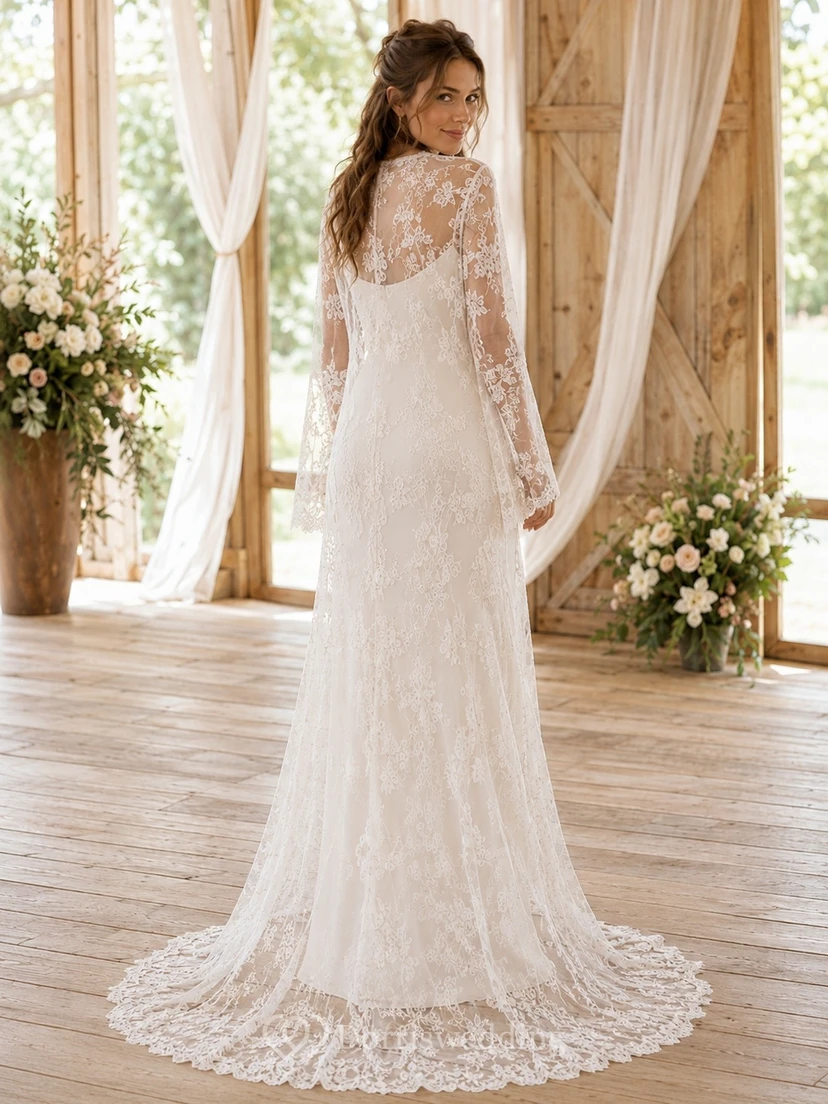 Romantisches Brautkleid mit eckigem Ausschnitt, langen Ärmeln und elegantem A-Linien-Schnitt aus Spitze view 2