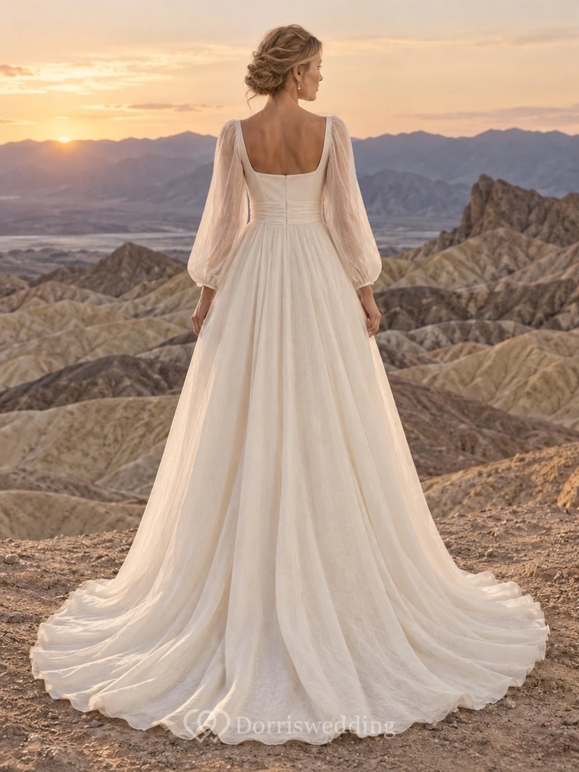 Vestido de novia sencillo de manga larga, cuello cuadrado, plisado, de lino y corte en A, largo hasta el suelo. view 2