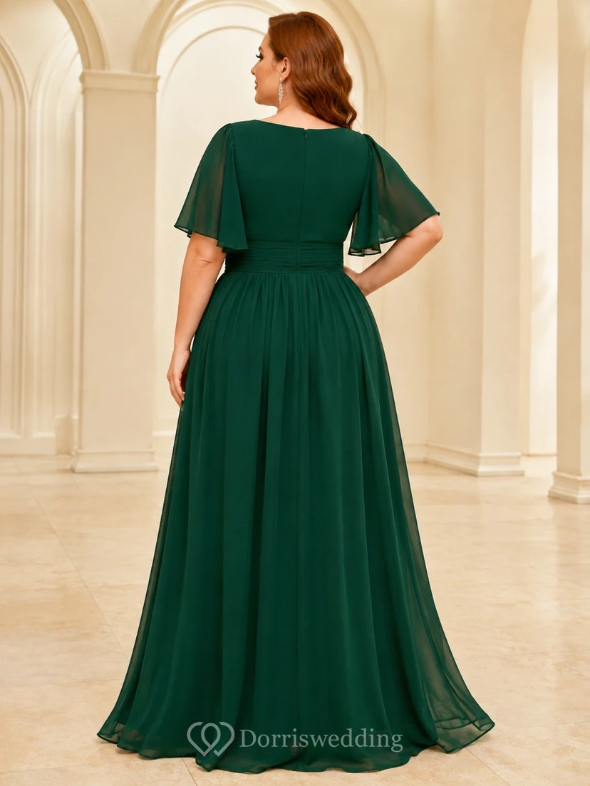 Plus Size Modest Short Sleeve V Neck Chiffon A-Line Formal Dress view 2