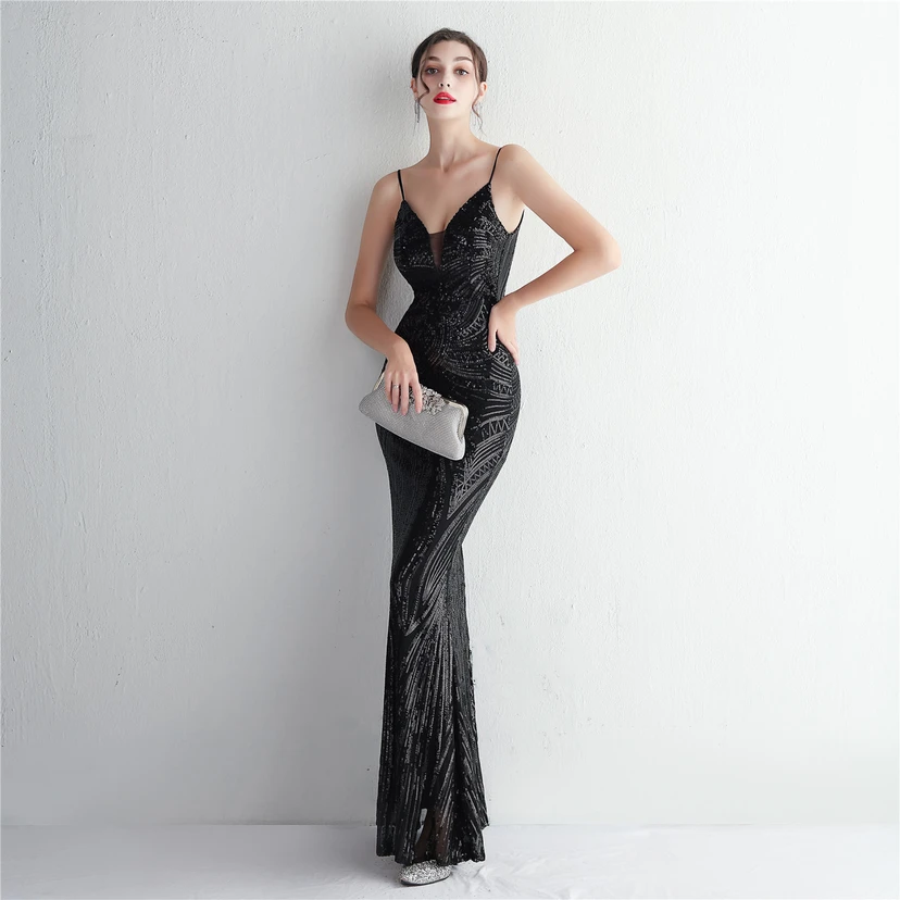 Vestido largo de noche con lentejuelas y tirantes de flores, ajustado, elegante y de estilo sofisticado. view 85