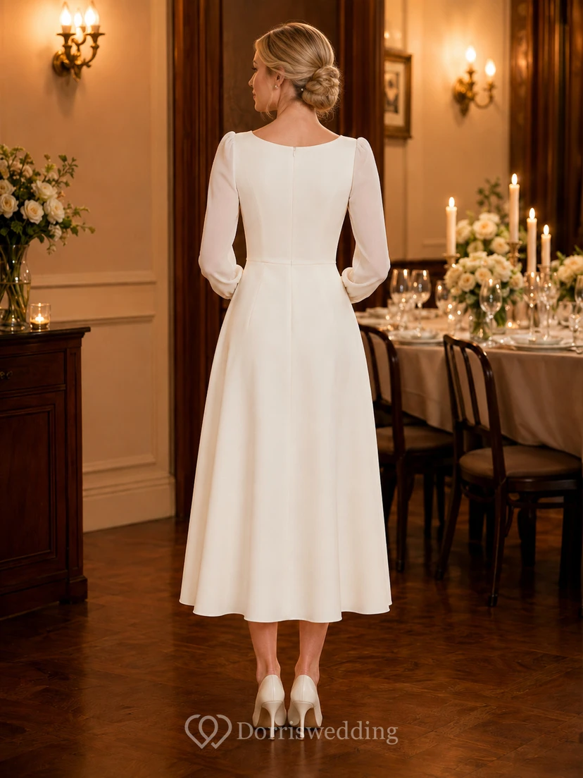 Robe de mariée midi trapèze à manches longues et col bateau discret view 2