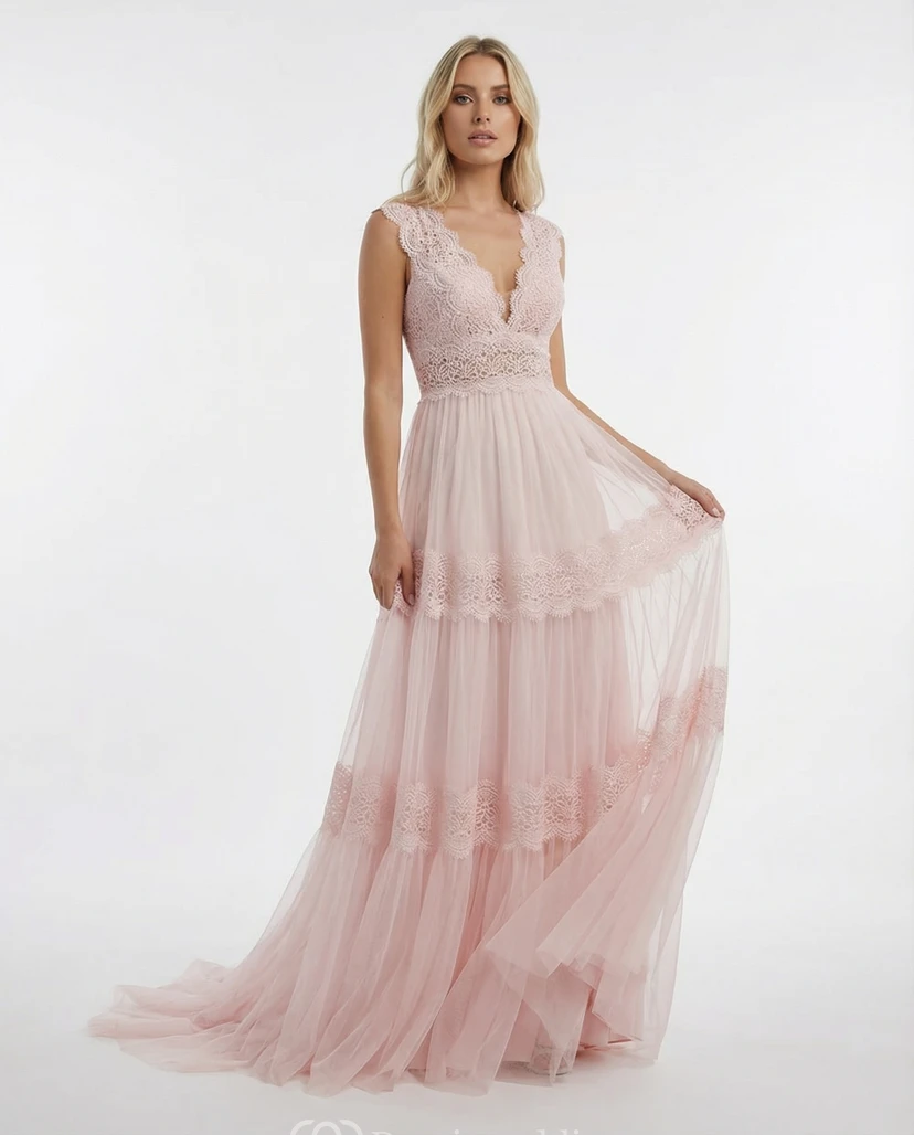 Whimsical Boho V-Neck Lace and Tulle Wedding Dress with Tiered Skirt view 8