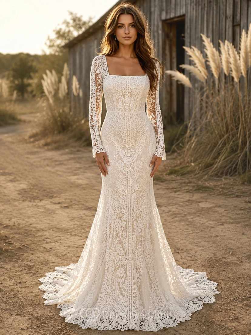 Vestido de novia de encaje campestre, estilo sirena, con escote en V, manga larga y cola de capilla.