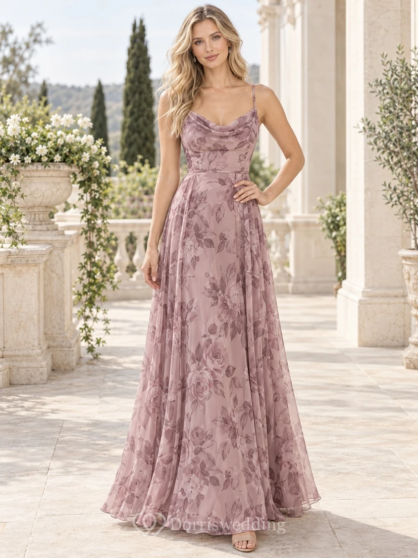 Vestido de dama de honor de satén color malva, sin mangas, con escote drapeado y corte en A, largo hasta el suelo.