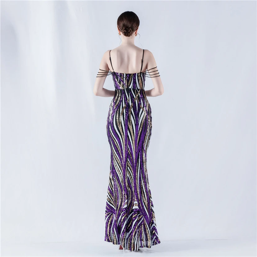 Sequined Striped Color Matching Slim Dinner Host Suspender Long Dress For Women view 33