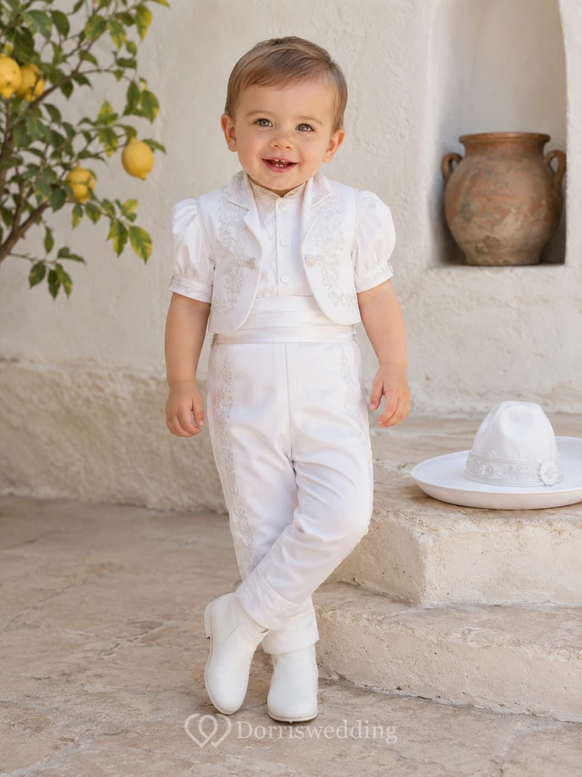 Romantisches weißes Charro-Baby-Taufotoz-Hosenoutfit mit kurzen Puffärmeln und Stickerei