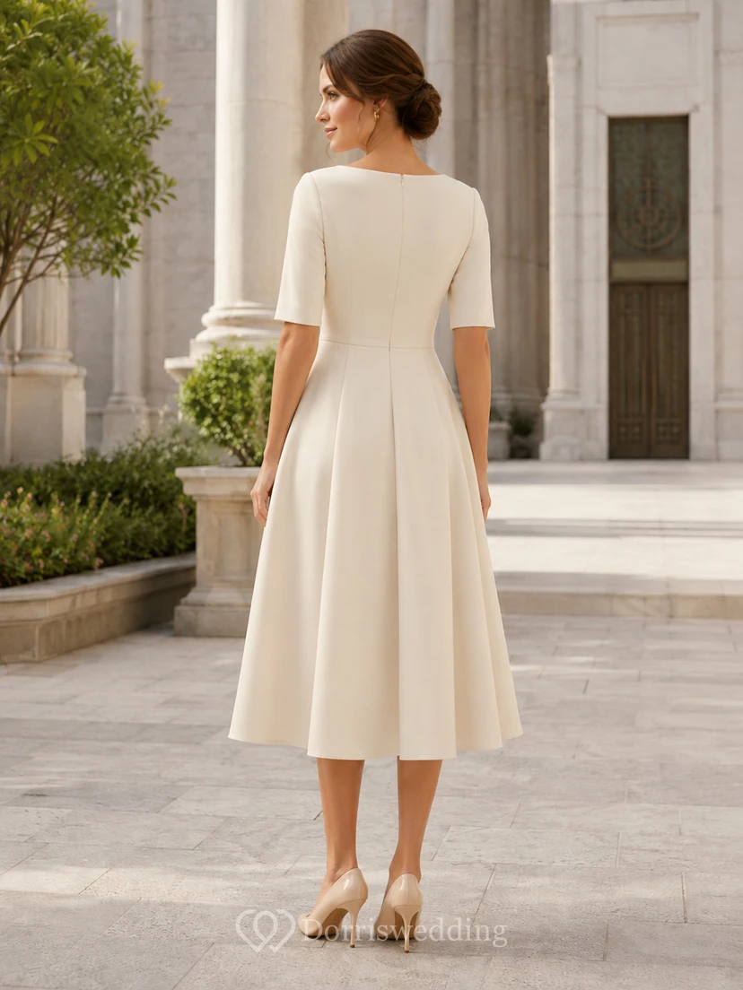 Cream Bateau Neck Short Sleeve Temple Ceremony Midi Dress view 2