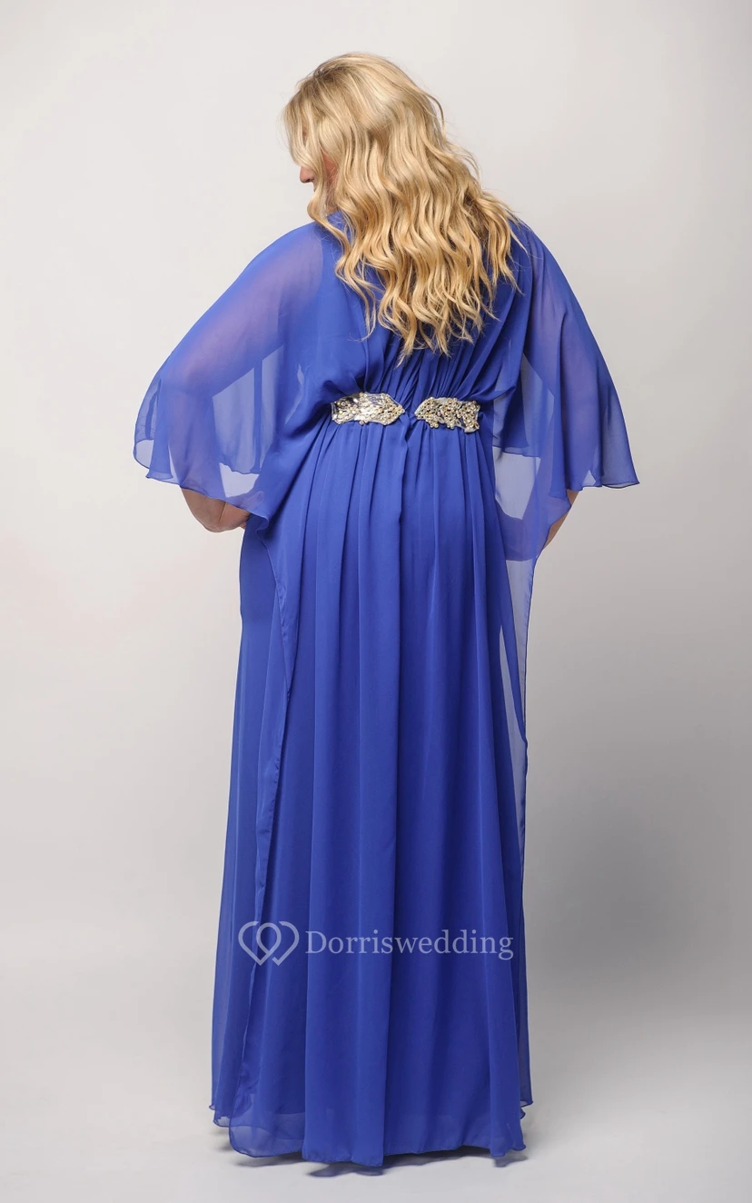 Etuikleid, bodenlang, mit langen Ärmeln, Empire-Stil, Chiffon, Falten, Perlenstickerei und Reißverschluss view 2