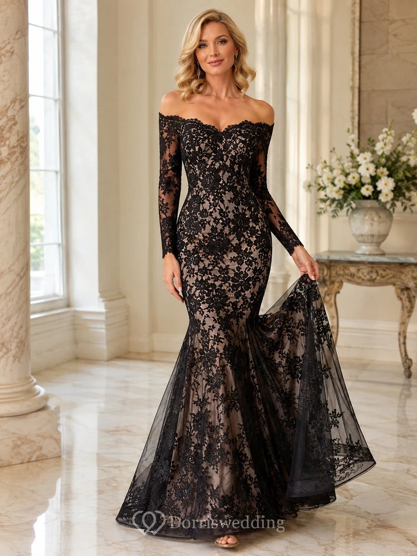 Black Lace Off-the-shoulder Long Sleeve Mermaid Floor-length Evening Gown