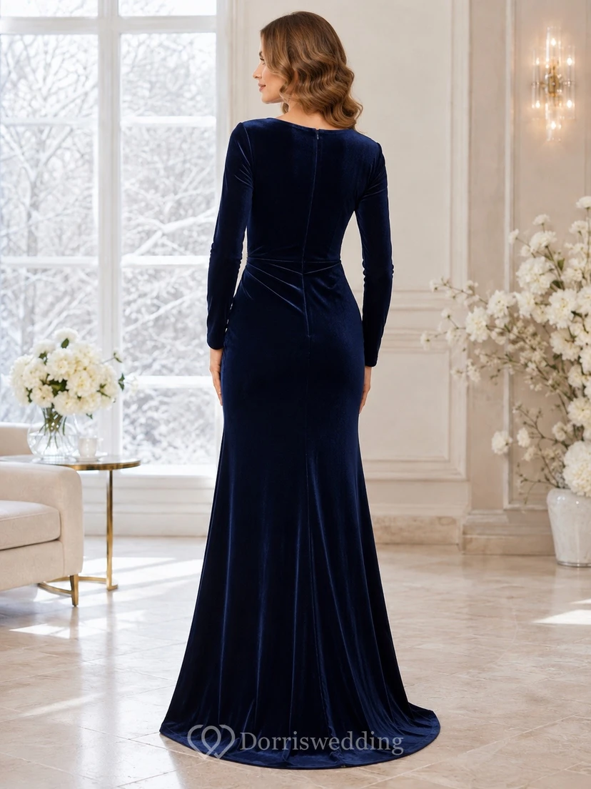 Navy Velvet V-Neck Long Sleeve Mermaid Floor-length Split Formal Gown view 2