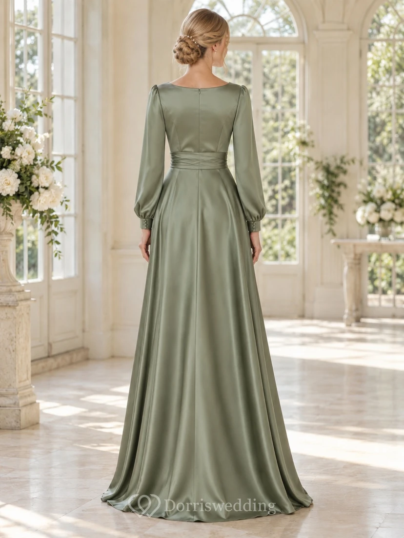Vestido de noche modesto de satén plisado de corte A con escote barco y mangas largas color verde salvia view 2