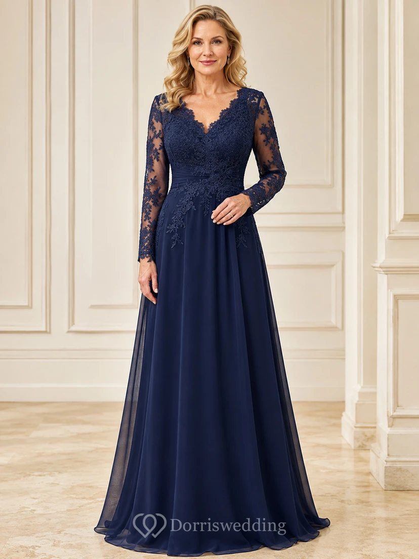 Elegantes, dunkelblaues Mutterkleid mit V-Ausschnitt, Illusionsspitze und langen Ärmeln