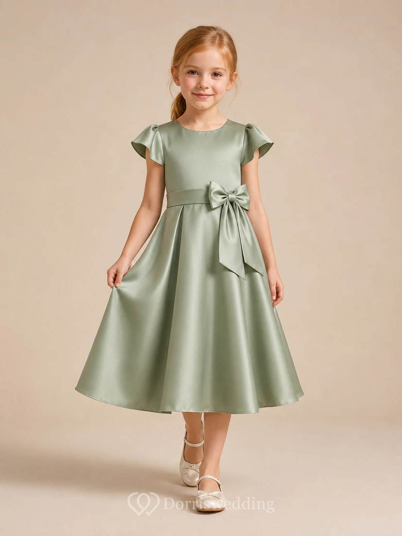 Vestido de niña de las flores, color verde salvia, corte en A, manga corta, cuello joya, largo midi, detalle de lazo.