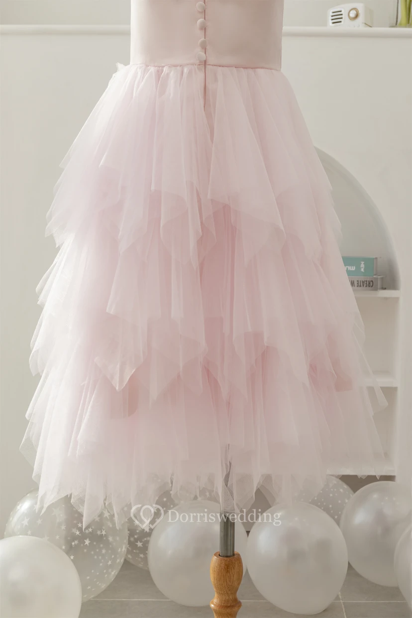 Bateau-neck Sleeveless Tulle A-line Layered Ruffled Applique Flowergirl Dress view 6