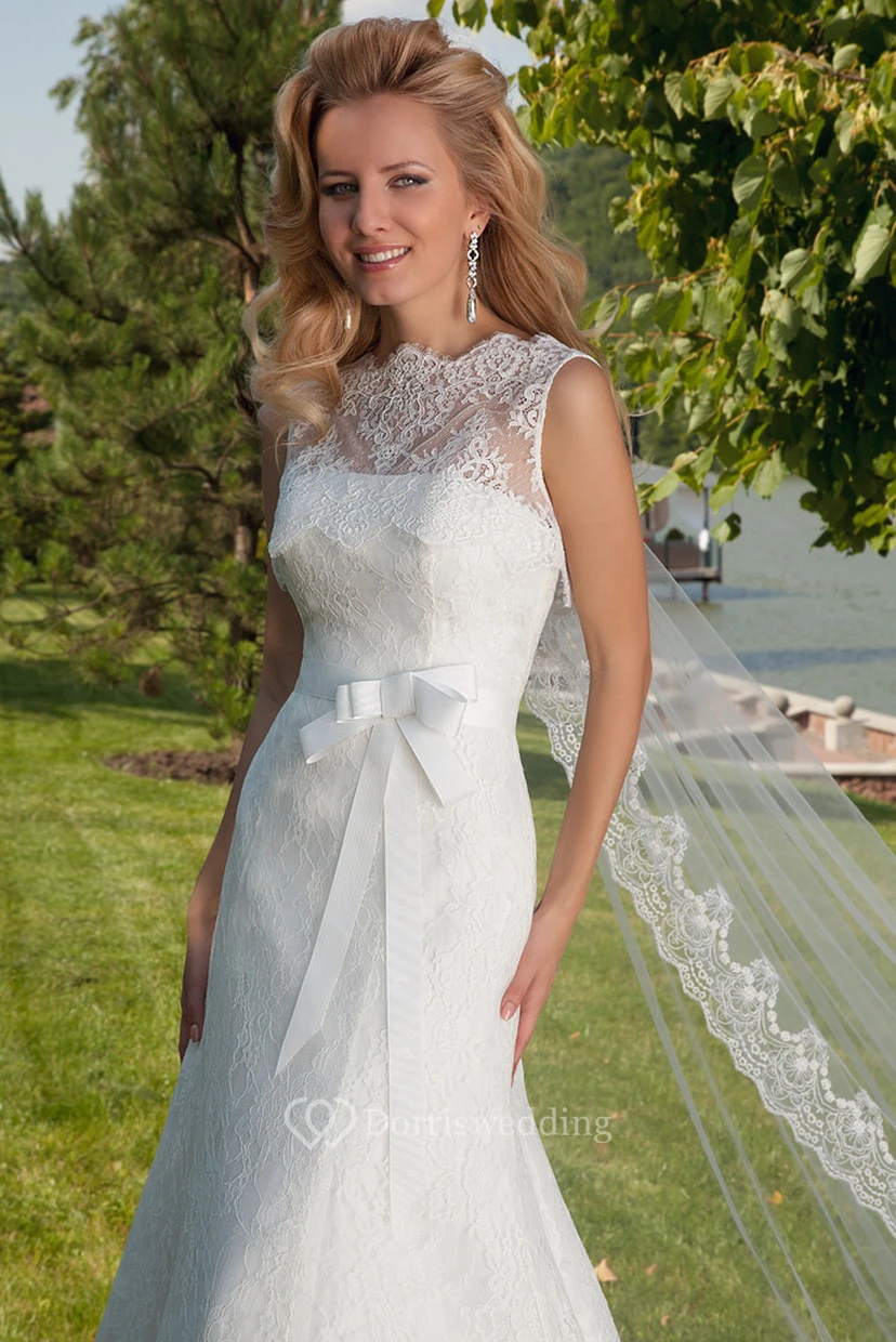 A-Line Bowed Bateau Floor-Length Sleeveless Lace Wedding Dress With Illusion Back And Court Train view 4