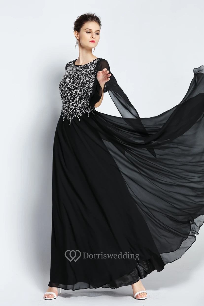 A-Linien-Abendkleid aus bodenlangem Chiffon mit langen Ärmeln, Perlenstickerei und Falten view 3