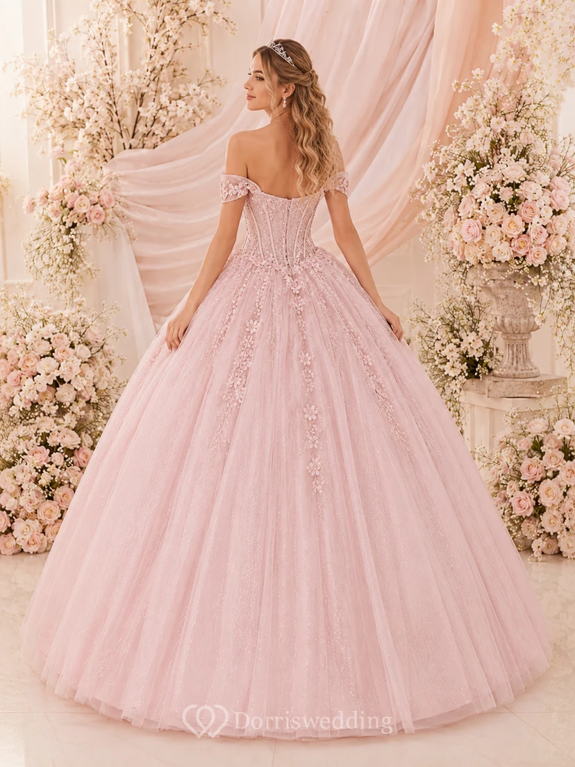 Vestido de gala de lujo Rose Princess Blush, largo hasta el suelo, con hombros descubiertos y manga corta, de tul, para quinceañera. view 2