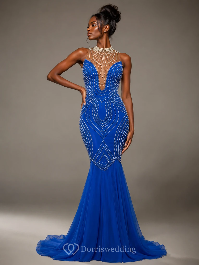 Beautiful Sleeveless Pearls Mermaid Prom Dresses Floor Length view 5