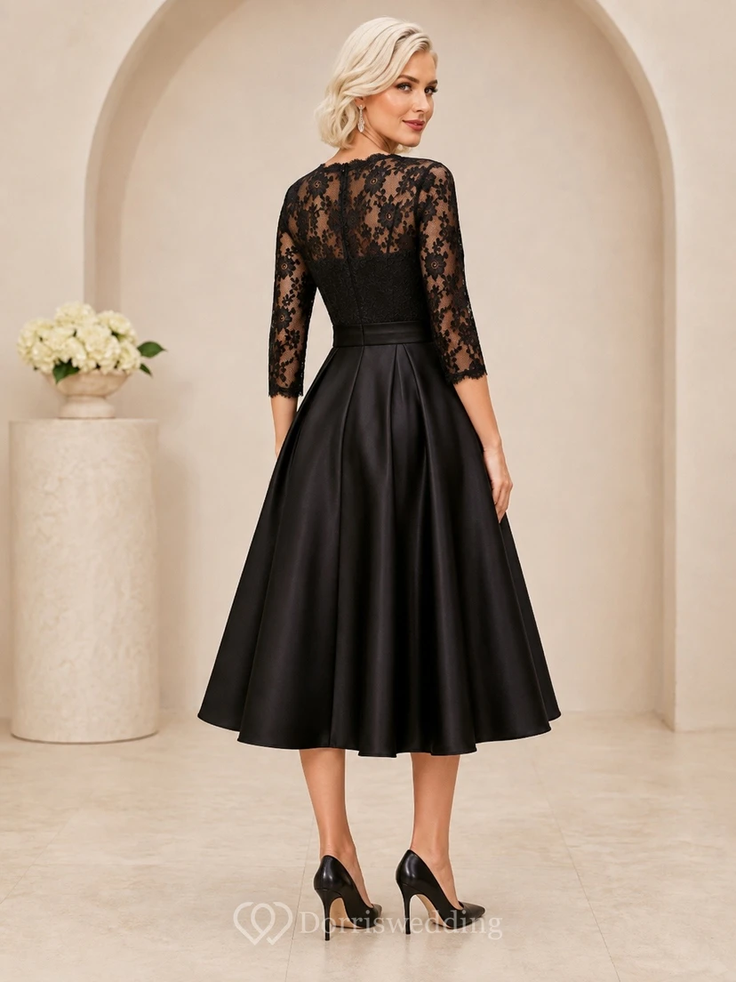 Black V-neck Illusion Sleeve Lace A-Line Tea-length Elegant Cocktail Dress view 2