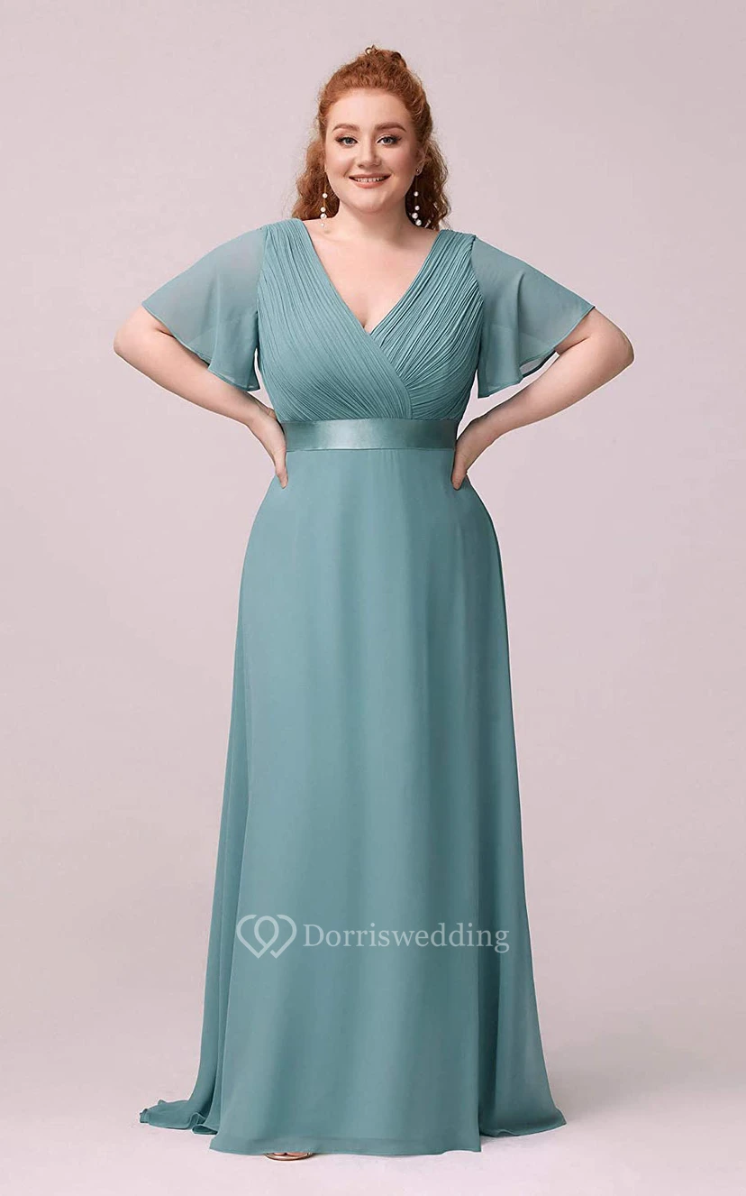 Romantic Chiffon V-neck Half Sleeve A Line Formal Dress With Criss Cross and Ruching view 9