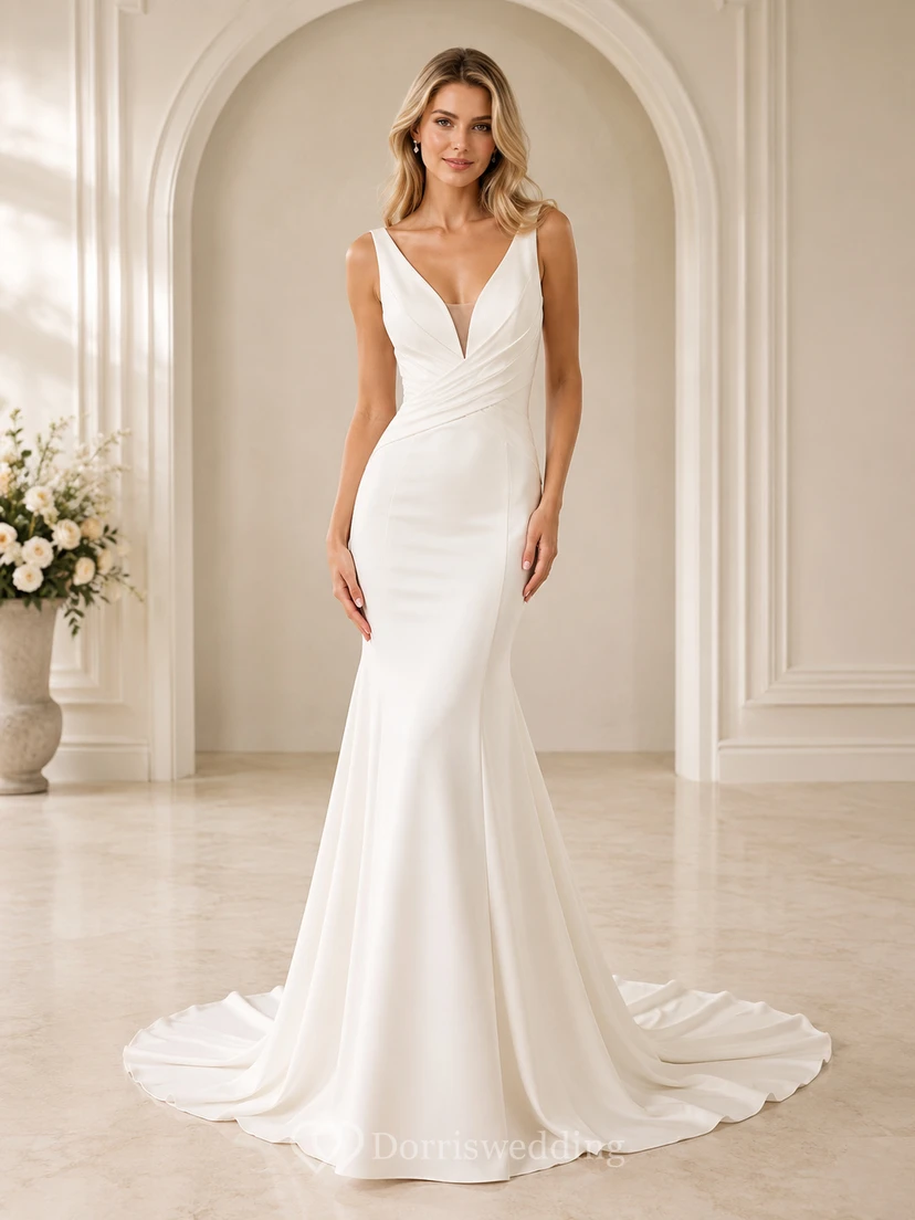 Robe de mariée sirène en satin stretch, col carré, sans manches, traîne.