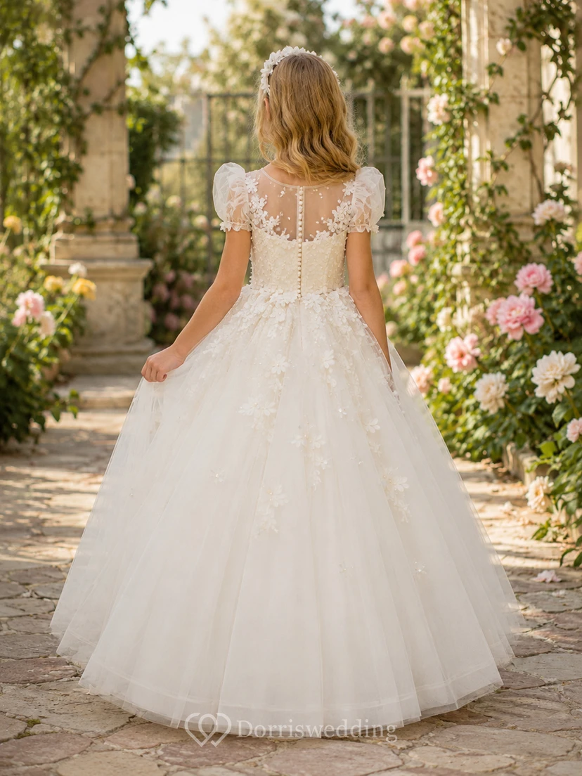 Lace Bodice Tulle A-Line Flower Girl Dress with Short Sleeves, Jewel Neck and Tea-Length Skirt view 2