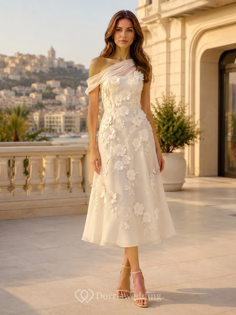 Off shoulder floral lace tea length romantic A-line dress