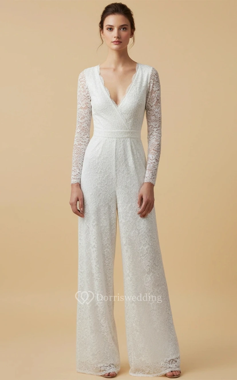 Combinaison de mariage en dentelle à col V et manches longues, jambes larges