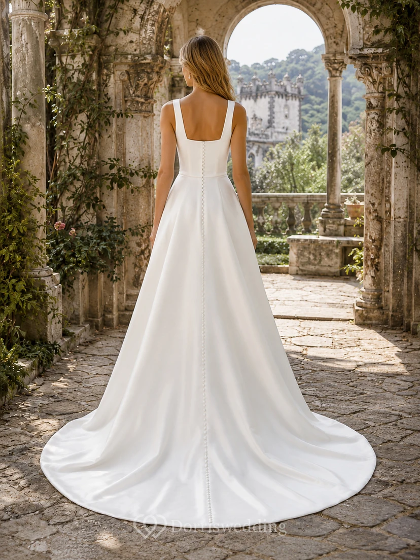 Robe de mariée simple en satin, coupe trapèze, bretelles carrées et traîne chapelle, idéale pour une destination. view 2