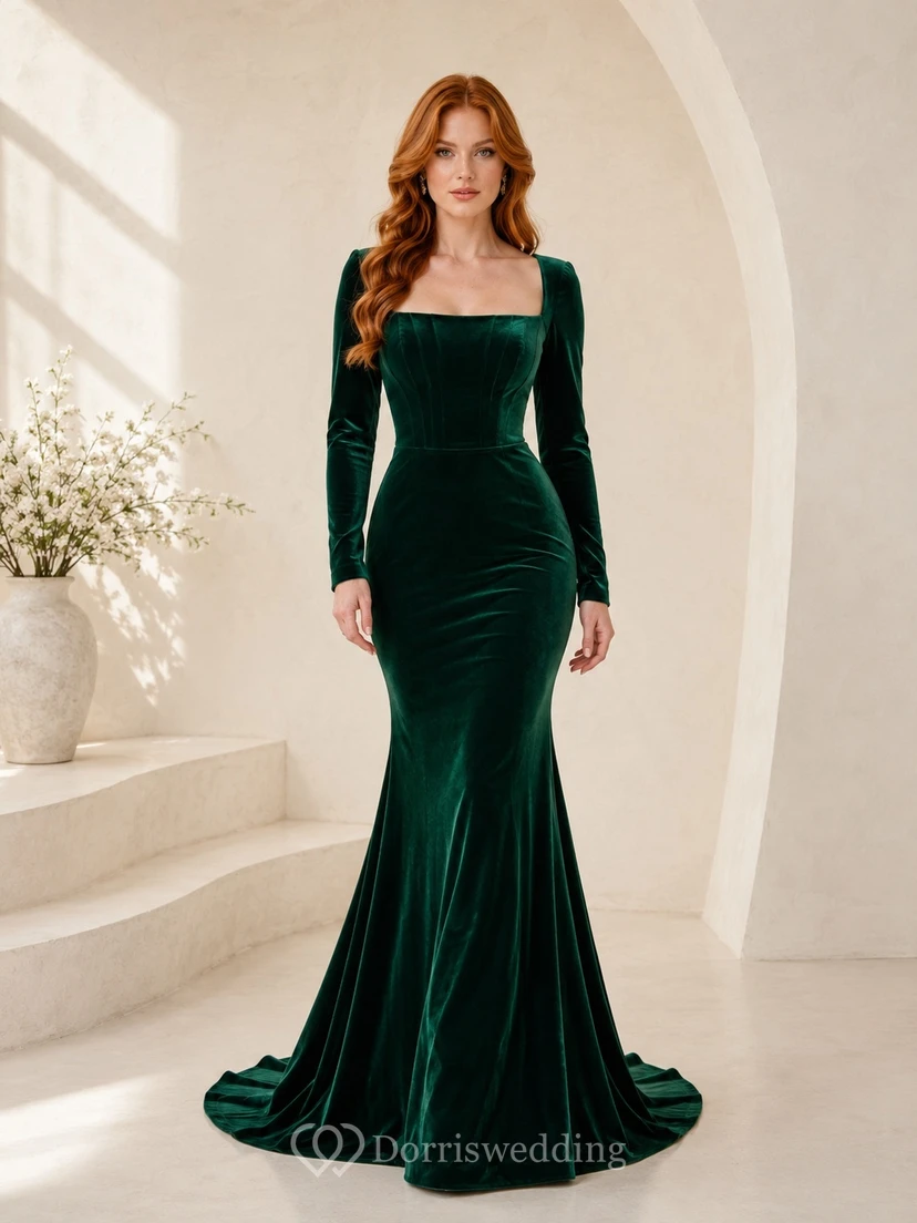 Dark Green Velvet Square Neck Long Sleeve Mermaid Sweep Evening Gown